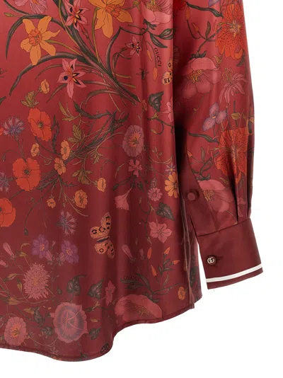 Gucci Bordeaux Shirt With Collar With Bow And All-over Flora Print In Silk Woman In Multi