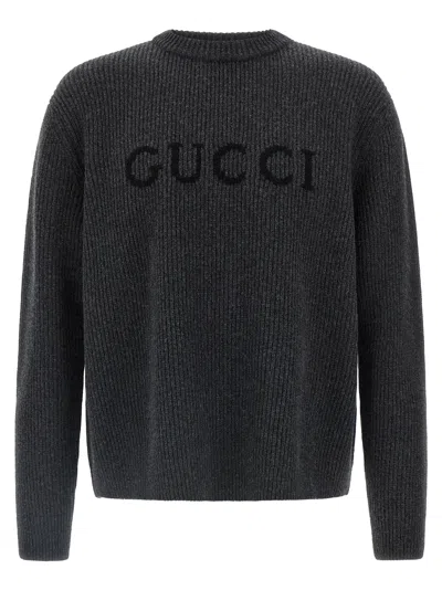 Gucci Grey Crewneck Sweater With Logo Lettering Embroidery On The Front In Wool Man In Black