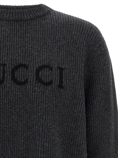 Gucci Grey Crewneck Sweater With Logo Lettering Embroidery On The Front In Wool Man In Black