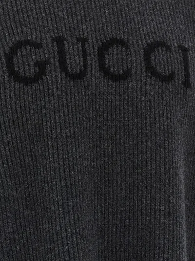 Gucci Grey Crewneck Sweater With Logo Lettering Embroidery On The Front In Wool Man In Black