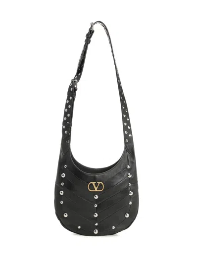 Valentino Garavani Hoboho Hobo Bag In Chevron-patterned Nappa Leather With Studs In Black