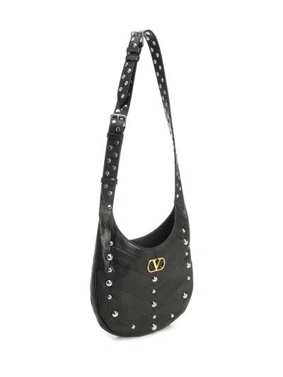 Valentino Garavani Hoboho Hobo Bag In Chevron-patterned Nappa Leather With Studs In Black