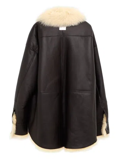 Acne Studios Shearling Collar Leather Jacket Side Pockets In Multi
