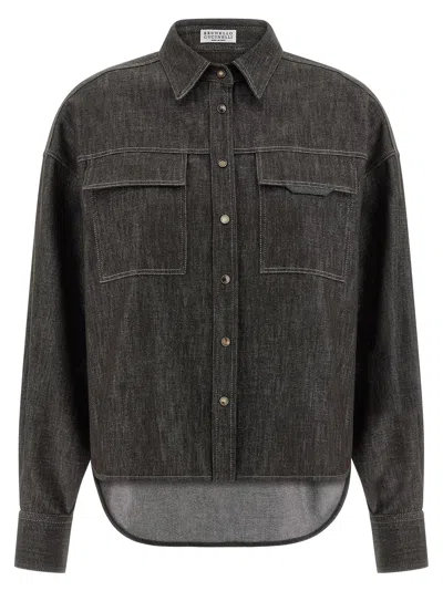 Brunello Cucinelli Lamé Denim Shirt In Gray