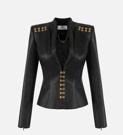 Elisabetta Franchi Faux Leather Jacket With Gold Hooks And Details On Shoulders In Animal Print