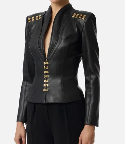 Elisabetta Franchi Faux Leather Jacket With Gold Hooks And Details On Shoulders In Animal Print