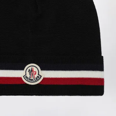 Moncler Beanie With Tricolor Band In Black