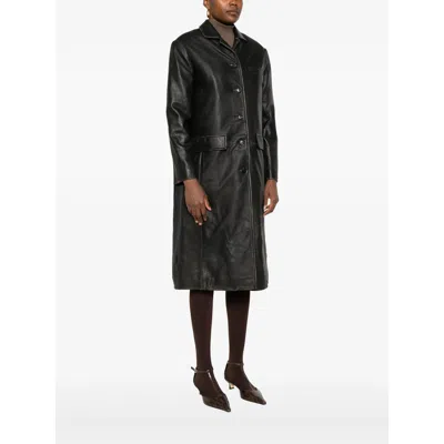 Tela Button-fastening Leather Coat In Black