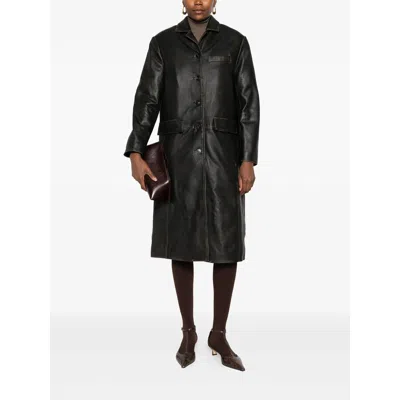 Tela Button-fastening Leather Coat In Black