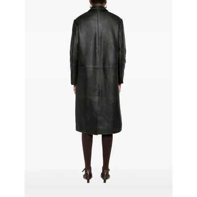 Tela Button-fastening Leather Coat In Black