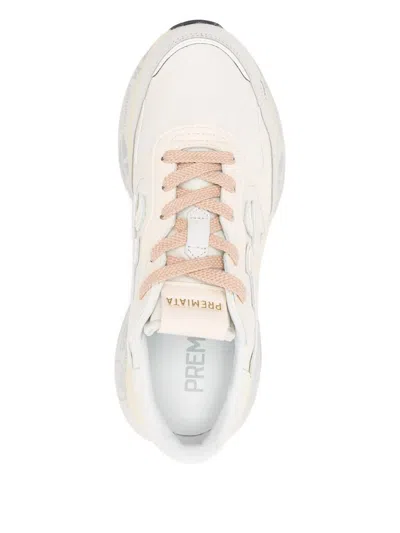 Premiata Light Beige Calf Leather Low-top Sneakers With Metallic Accents In White