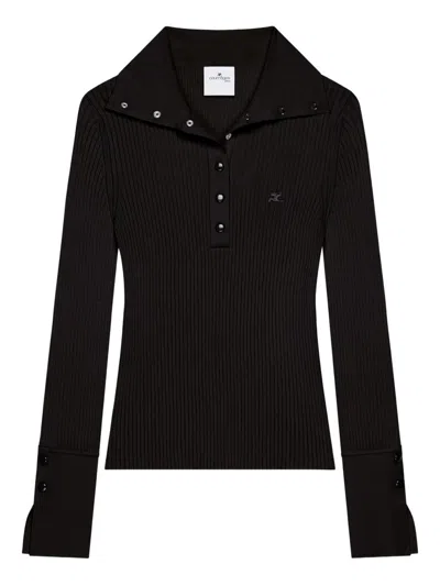 Courrèges Fitted Ribbed Long-sleeve Top With Unique Collar In Black