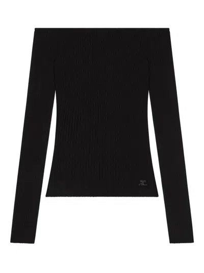 Courrèges Off-shoulder Ribbed Knit Top With Embroidered Logo In Black