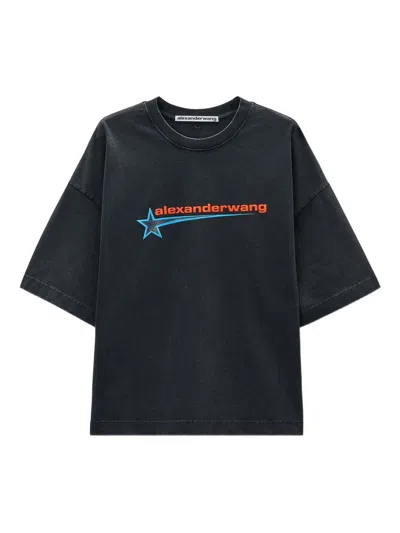 Alexander Wang Loose-fitting Black T-shirt With Graphic Design And Uneven Hem In Black