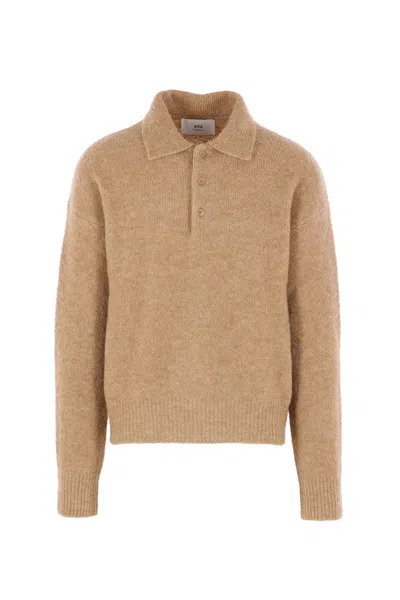 Ami Alexandre Mattiussi Ami Paris Grey Wool And Alpaca Polo Sweater Ami Paris In Brown