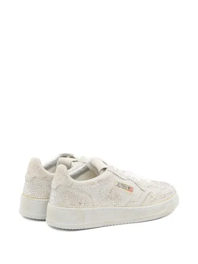 Autry Medalist Low Sneakers In Worn-out Effect Suede With Rhinestones In White