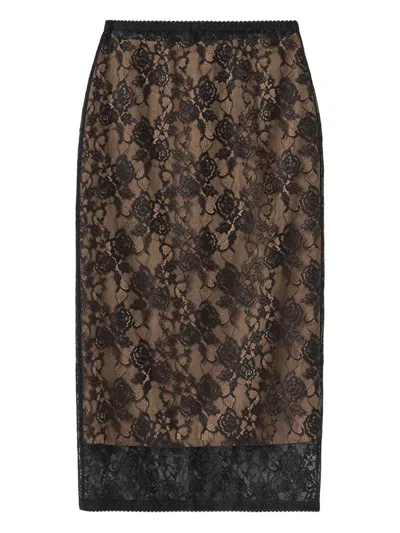 Self-portrait Black Floral Lace Midi Skirt Clothing In Brown