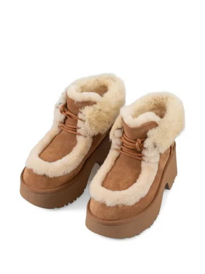 Ugg Esmee Beige Ankle Boots With Fur Detailing And Platform In Suede Woman In Brown