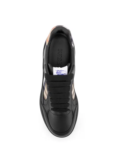 Burberry Leather Sneakers With Traditional Check Inserts In Black
