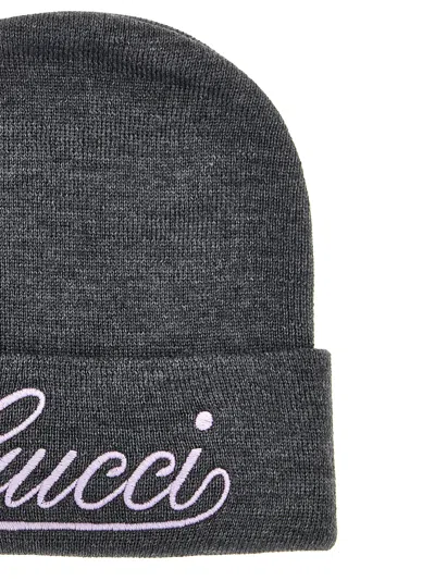 Gucci Wool Beanie With Front Embroidered Logo In Pastel Purple In Gray