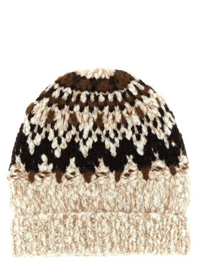 Moncler Beige Brown Geometric Pattern Beanie Hat
