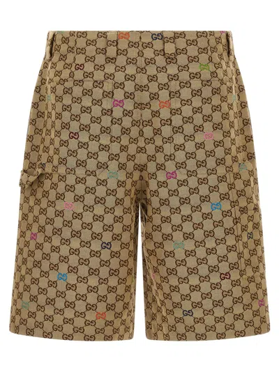 Gucci Men Beige Bermuda Pants With Belt Loops In Gg Canvas Man In Brown