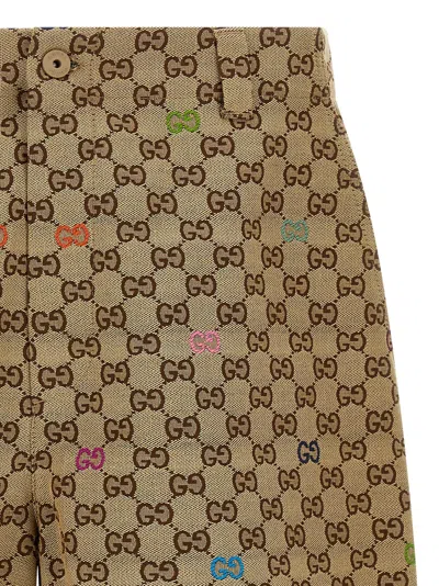 Gucci Men Beige Bermuda Pants With Belt Loops In Gg Canvas Man In Brown
