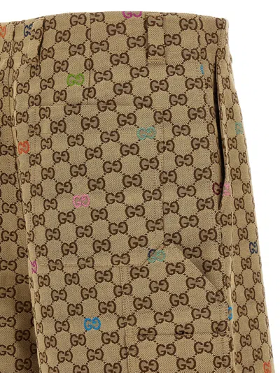 Gucci Men Beige Bermuda Pants With Belt Loops In Gg Canvas Man In Brown