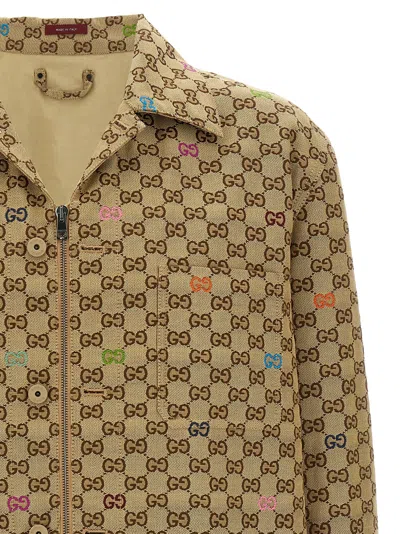 Gucci Beige Shirt With Spread Collar And Two Front Welt Pockets In Gg Canvas Man In Brown