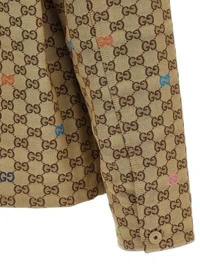 Gucci Beige Shirt With Spread Collar And Two Front Welt Pockets In Gg Canvas Man In Brown