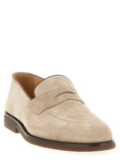 Brunello Cucinelli Suede Round Toe Stitched Loafers In Neutral
