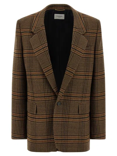 Saint Laurent Checked Pattern Jacket Flap Pockets In Brown