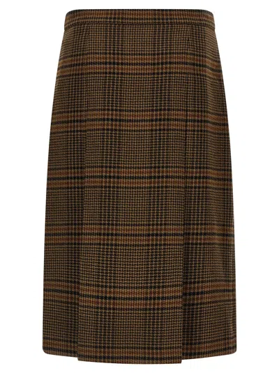 Saint Laurent Jupe Pleated Houndstooth Wool-blend Midi Skirt In Brown