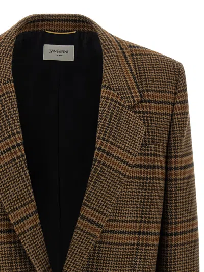 Saint Laurent Checked Pattern Jacket Flap Pockets In Brown