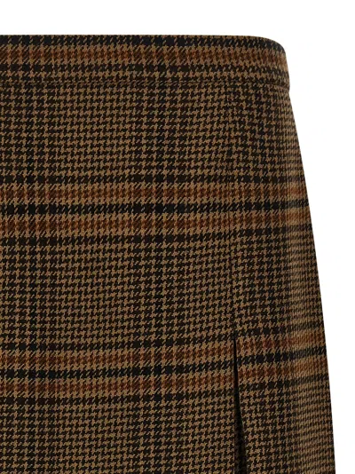 Saint Laurent Jupe Pleated Houndstooth Wool-blend Midi Skirt In Brown