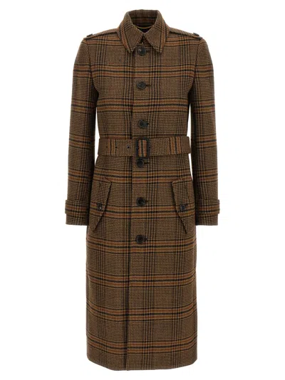 Saint Laurent Prince Of Wales Wool Coat Coats And Trench Coats Brown In Brown