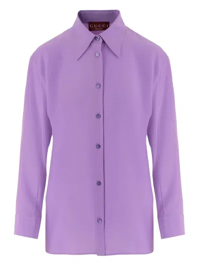 Gucci Long Sleeve Silk Shirt With Pointed Collar In Purple
