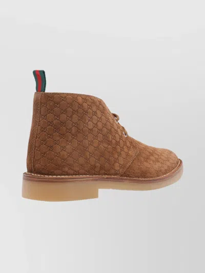 Gucci Lace-up Suede Ankle Boots With Pull Tab In Brown