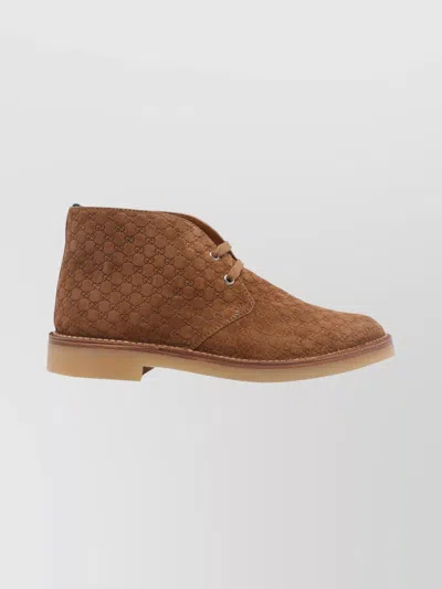 Gucci Lace-up Suede Ankle Boots With Pull Tab In Brown