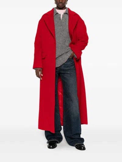 Tagliatore Long Wool Coat With Notched Lapels And Flap Pockets In Red