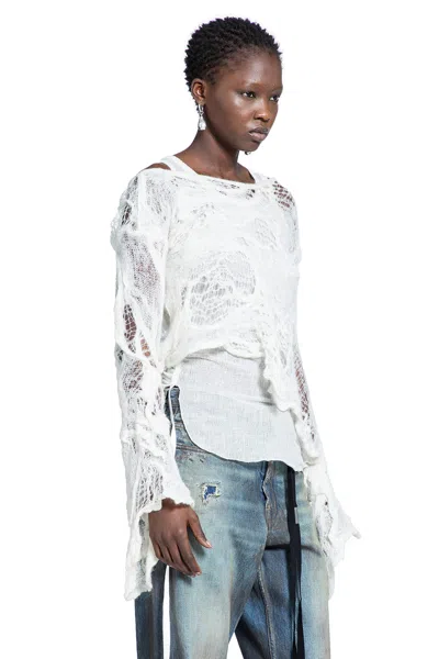 Ann Demeulemeester Cilia Off-shoulder Sweater In Ripped Sheer Knit In White