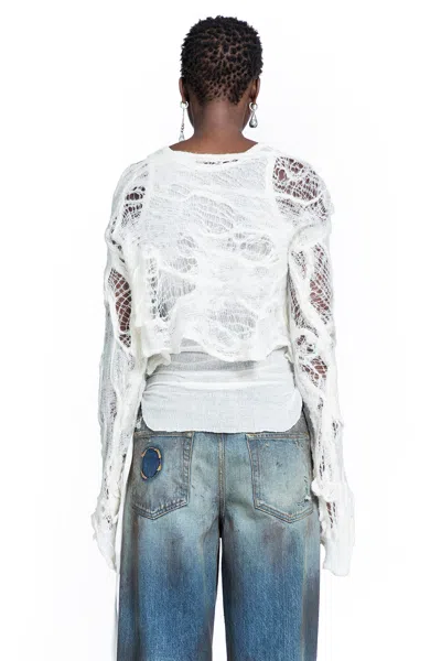 Ann Demeulemeester Cilia Off-shoulder Sweater In Ripped Sheer Knit In White