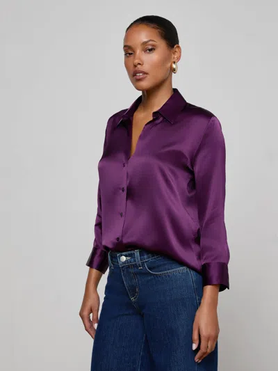 L'agence Silk Cropped-sleeve Dani Shirt In Purple