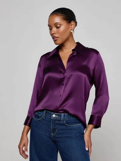 L'agence Silk Cropped-sleeve Dani Shirt In Purple