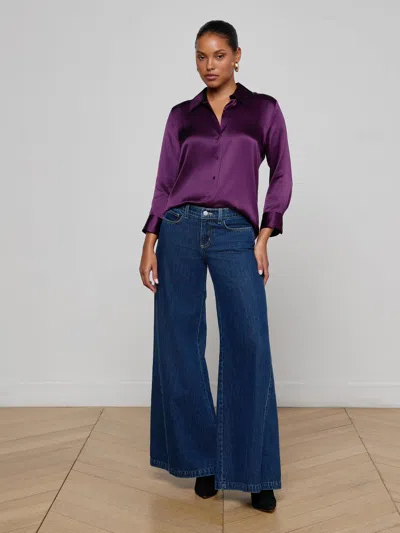 L'agence Silk Cropped-sleeve Dani Shirt In Purple