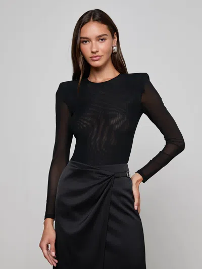L'agence Trista Shoulder Pad Thong Bodysuit Black