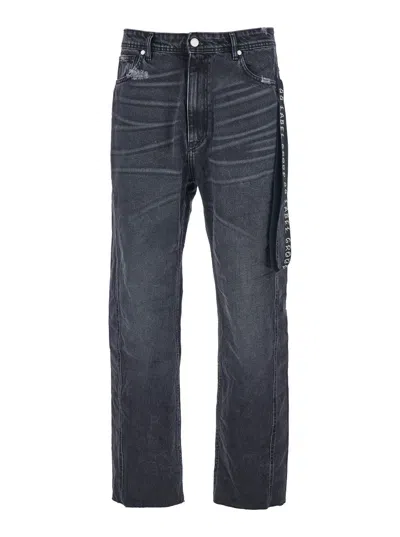44 Label Group Men Black Jeans With Logo Patch On The Rear And Side Strap With Logo In Denim Man In Black