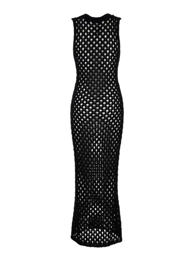 Blumarine Women Black Open Knit Work Long Dress In Cotton Woman In Blue