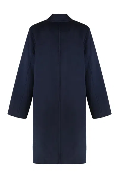 Tory Burch Jacquard Wool Coat With Monogram T In Blue