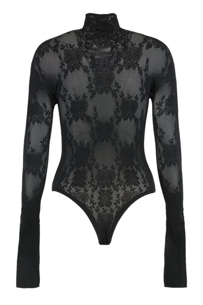 Les Filles D'eva Flower-lace Turtleneck Bodysuit In Black